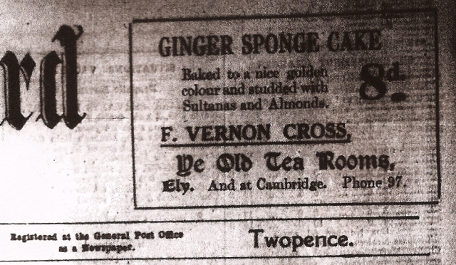 F Vernon Cross Ginger Sponge cake advert from the Ely Standard, 7th November 1930.