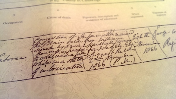 Jeremiah  Newell's death certificate, noting his cause of death.