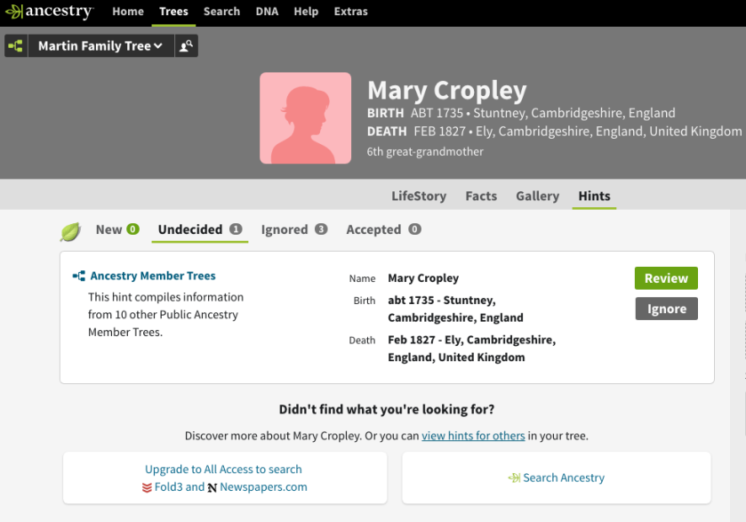 The hints for Mary Cropley in Ancestry.co.uk